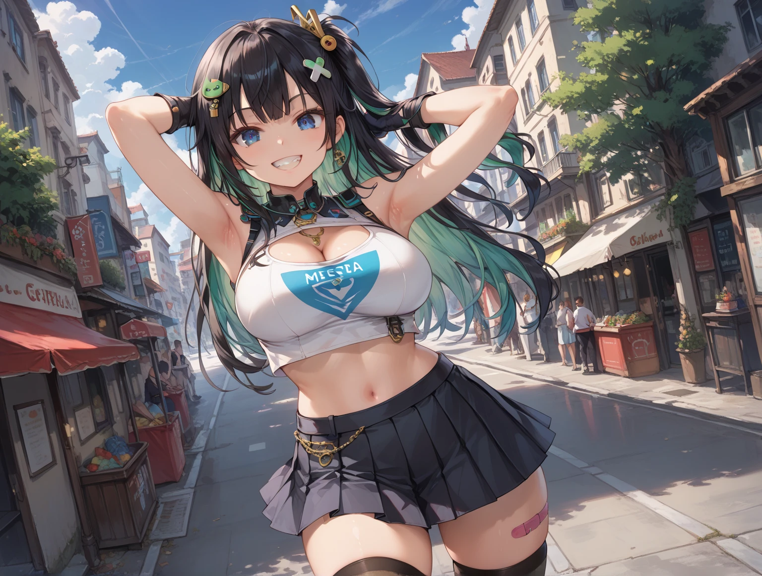 (Masterpiece: 1.4), (Best quality: 1.4), 8K, HD, ultra clear，(sun glare), holographic glow, light particles, raytraced, hyperdetailed skin, 1girl,（very gigantic boobs, cleavage, skindentation：1.4), (moe anime art style:1.1) ((solo)), cute, kawaii,digital art,((1 anime schoolgirl, hair ornament)) ,((shiny ebony hair,very long straight hair)), ((finely detailed face and eyes, green eyes)),clear pupil, extremely gorgeous, ((gorgeous necklace)), ((beautiful background, futurism, city, park)),flowers,flower petals flowing,full body, shot on dslr camera, shot by MSchiffer, 32k resolution, pantyhose, stockings