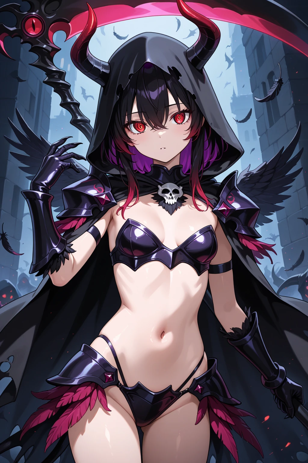 (1girl:1.2), abs, bangs, bikini, bikini_top, black_bikini, black_hair, burning, (fiery_hair:1.2), fire, (flame:1.2), hand_on_hip, long_hair, navel, (pyrokinesis:1.4),  (solo:1.1), (purple eyes:1.3), (mage hat:1.2), (gloves:1.2), (bare shoulders:1.1), (collarbone:1.2)