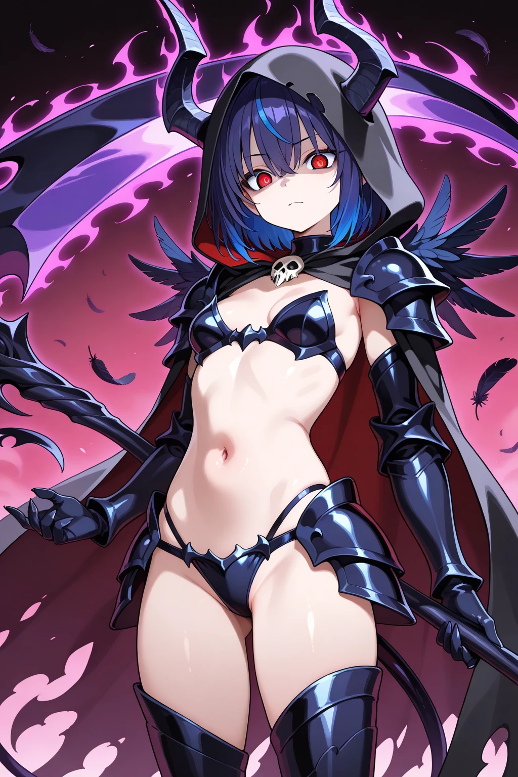 (masterpiece, top quality, best quality, official art, beautiful and aesthetic:1.2), 8K Wallpaper, (1 girl:1.4), extreme detailed, highest detailed ((ultra-detailed)), (highly detailed CG illustration), ((an extremely delicate and beautiful)), beautiful scene, dark fantasy, Forest of Curses background, night, (from front), ((1mechanical girl:1.2)), (loli:1.5, child:1.5 10yo:1.5), ((Perfect hands, Detailed fingers, Detailed eyes, Perfect legs, Detailed legs)), solo, full body, ((machine made joints:1.3)), Doll limbs, Doll Body, ((mechanical attachment to neck:1.2)), (standing:1.3, standing pose, upright stance), expressionless, (character focus), Perfect Anatomy, , revealing clothes, bare waist, knee-high boots, thong, lace panties, side tie panties, low rise panties:1.3), (Flat chest:1.5), ((Frilled hood:1.4, KITSUNE mask Person wearing KITSUNE mask on face:1.5, fusion gothic collar and gothic sleeves:1.3, gothic choker)), full-face-mask, hood up, ((holding chainsaw:1.3, extremely huge chainsaw in hands:1.2, mechanical circular saw)), (Very decorative intricate horror fashion, overly decorative fashion), fluffy bob cut hair, (Blunt bangs), ((purple hair, black inner hair:1.3)), (medium bob hair), pale skin, (Forest of Curses background, a woman standing on the blood), looking at viewer,