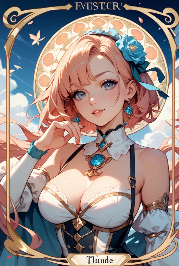 masterpiece, absurdres, best quality, ultra detailed, high Resolution, detailed illustration, bright colour, (extremely beautiful detailed face and eyes, Delicate beautiful face, 1 girl, cute face:1.3), (magenta eyes:1.1), sparkling eyes, big eyes, big breasts, (perky breasts:1.1), (pointy breasts:1.1), medium hips, glamorous body, white skin, BREAK, (blonde hair:0.8), messy hair, detailed hair, shiny hair, BREAK (undressed, angel:1.5), perfect lighting, (embarrassed:1.3), (ecstasy, vulgarity:1.5), (trembling:0.8), (art nouveau:1.5), (Zentangle:1.3),