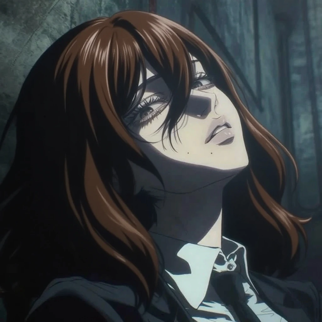 fleeing, braided ponytail, surrounded eyes, Red hair, yellow  eyes, collar shirt, black necktie, black pants, black greatcoat, cowboy shot, front viewer, hands behind the back, darkness background, blood on shirt, drlight smile, glare eyes,  The wide eyes, darkness, silhuette,
