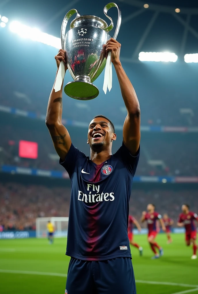 Mbappe lifting the Champions League trophy in Madrid&#39;s uniform 