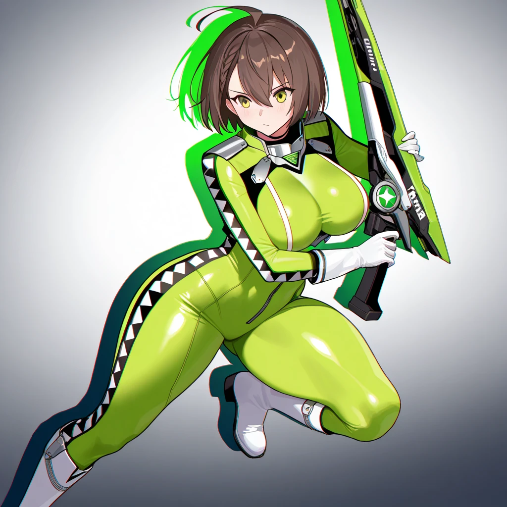 Girl, wearing a hood, neon color, holding a weapon, machine, white background, no background
