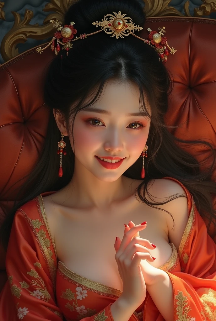 A female empress, short white hair, with yellow eyes, red nails, mostrando os peitos, legs open showing pussy, with an angry face and a provocative look, mouth open with tongue out. Wearing traditional Chinese imperial clothing, decorated in gold with black details, with red Hanafuda earrings, with a short red skirt. On your knees on a hotel room bed with a penis in your pussy, with a sunset in the window in the background.