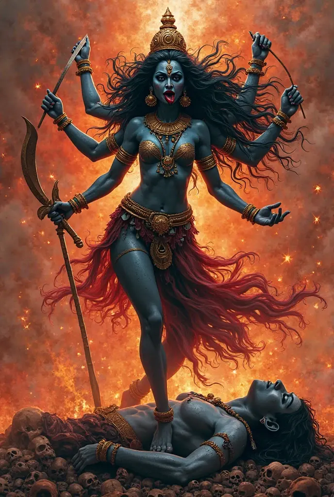 Kali, indian goddess, female figure, dark skin, four arms, holding weapons, fierce expression, detailed face, ornate headdress, necklace of skulls, standing on Shiva, Hindu mythology, digital painting, cinematic lighting, dramatic colors, moody atmosphere, photorealistic, 8k, highly detailed, masterpiece