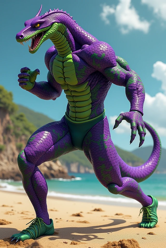 uploaded on e621.net, best quality, masterpiece, anthro, dragon, adult, old, ((solo)), seaside, muscles, buff, tall, standing, wearing ((black shorts)), detailed eyes, photorealistic, ((black body)), ((purple pectorial muscles)), ((purple abs)), yellow eyes, looking pleasured, (long tail), (correct anatomy), (high detail, 3D rendering, shading), looking at viewer, soft smile, by kaynine, chunie, darkgem
