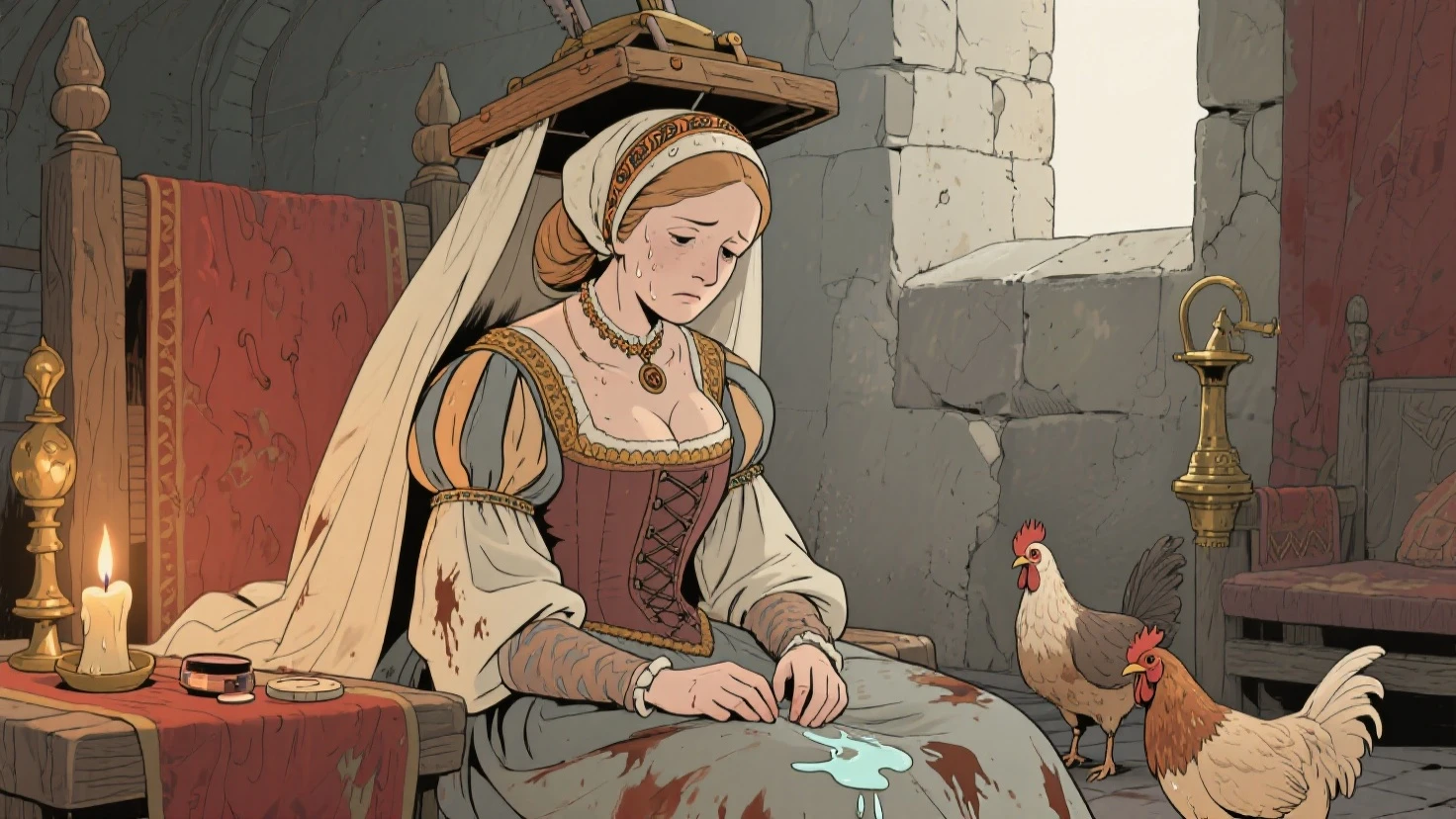 A hyper-realistic statue of a Roman queen of poisonous plants holding a statue of a petrified rose, muito velho, poeira antiga, and their facial expressions reveal deep sadness and excessive reflection. Um fundo de colunas romanas, petrified birds, musgo seco petrificado, cores suaves e desbotadas, para enfatizar a seriedade da cena, DEAD BIRDS, besouros petrificados