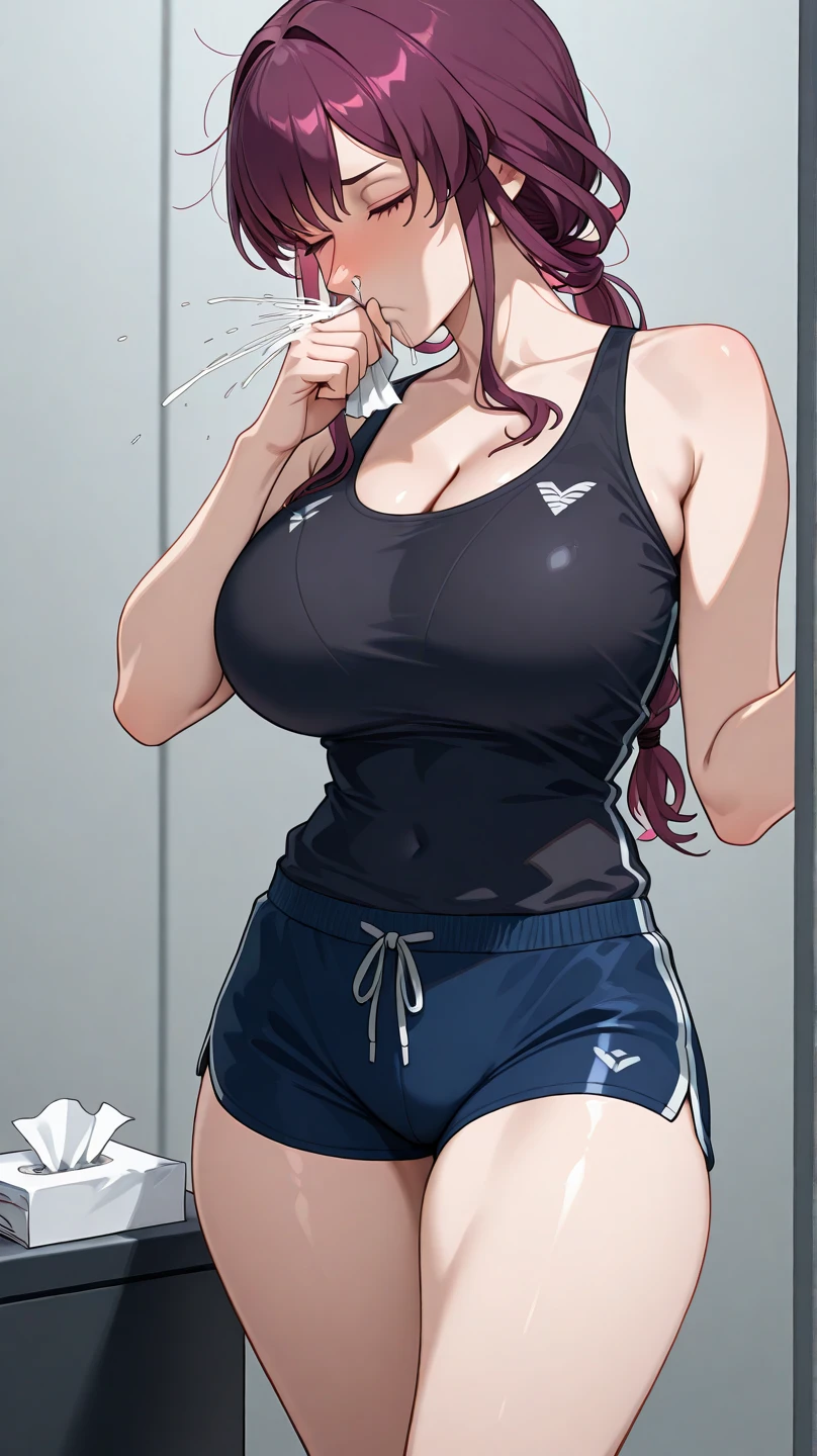 (Highest quality),(masterpiece), 8k,Very detailed, Detailed light, Best Shadow,Detailed reflective eyes, Very detailedな顔,Shiny Hair,Big Breasts,(1 girl:1.2),woman,Gloss,Black Hair,Embarrassed,blush,(Hollow Eyes:1.2),(Condescending:1.2),Crazy Eyes,4fingers and 1thumbs,Beautiful fingers,Beautiful Hands,whole body,Tank top,Shorts,Black-rimmed glasses,Purple eyes,Cool,Glossの無い目,(Eye power:1.2),(脇Sweat:1.2),(Sweat:1.4),(training wear:1.2),(Soaking wet:1.2),(semi-long:1.2),