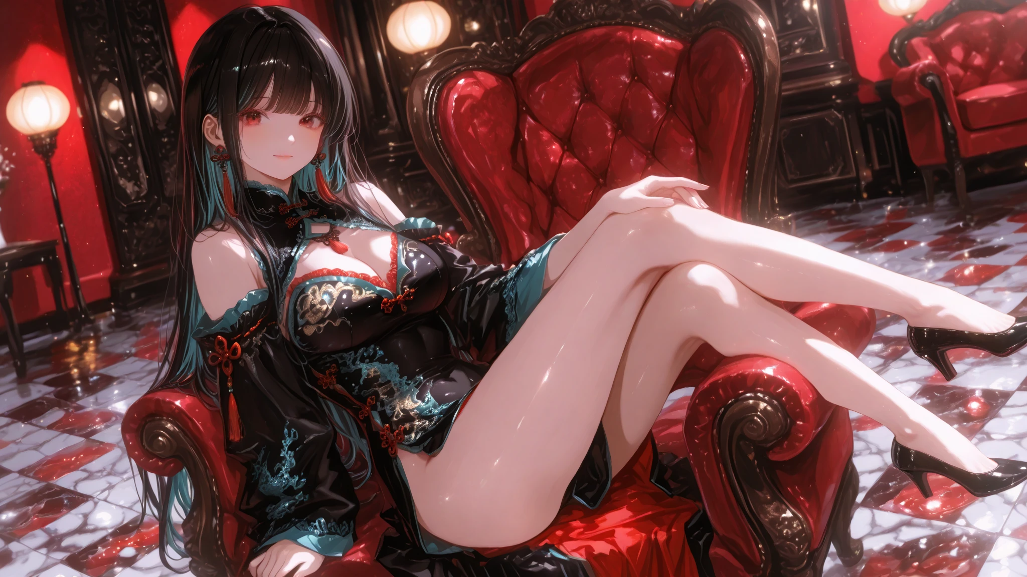((1girl, solo)), yor briar, beautiful body, (perfect anatomy, perfect body, perfect hands, perfect legs), natural proportions, sexy body, large breasts, sitting, object hug BREAK
((extremely detailed face)), (red eyes:1.2), (beautiful detailed eyes:1.6), (realistic pupils, realistic iris:1), expressive eyes, looking to the side, (clear eyes:1.3), (hyperrealistic:1.2), (detailed skin texture:1.2), smooth skin, (black hair:1.5), long hair, white hairband, earrings, (detailed lips:1.2), (attractive lips:1.1), (glossy lips:1.1), closed mouth, perfect face, perfect eyes BREAK
red sweater, off-shoulder sweater, long sleeves, sweater dress, black pantyhose BREAK
indoors, couch, lamp, pillow, wall painting BREAK
(masterpiece:1.5), anime-style, top quality, best quality, (beautiful and aesthetic:1.2), (ultra detail:1.5), Ultra-detailed depiction, Ultra-precise depiction, extremely detailed 8k illustration, high resolution, (highly detailed shading:1.2), (realistic lighting:1.4), perfect lighting, vibrant colors, dynamic tones, striking hues, 8k, absurd resolution, perfect shadows, hdr, UHD, ambient lighting, realistic, ultra-realistic, photo realistic, highly detailed, rich detail, luminous colors, fine texture, intricate design, professional illustration, (soft light:1.2), (illustration:0.7)