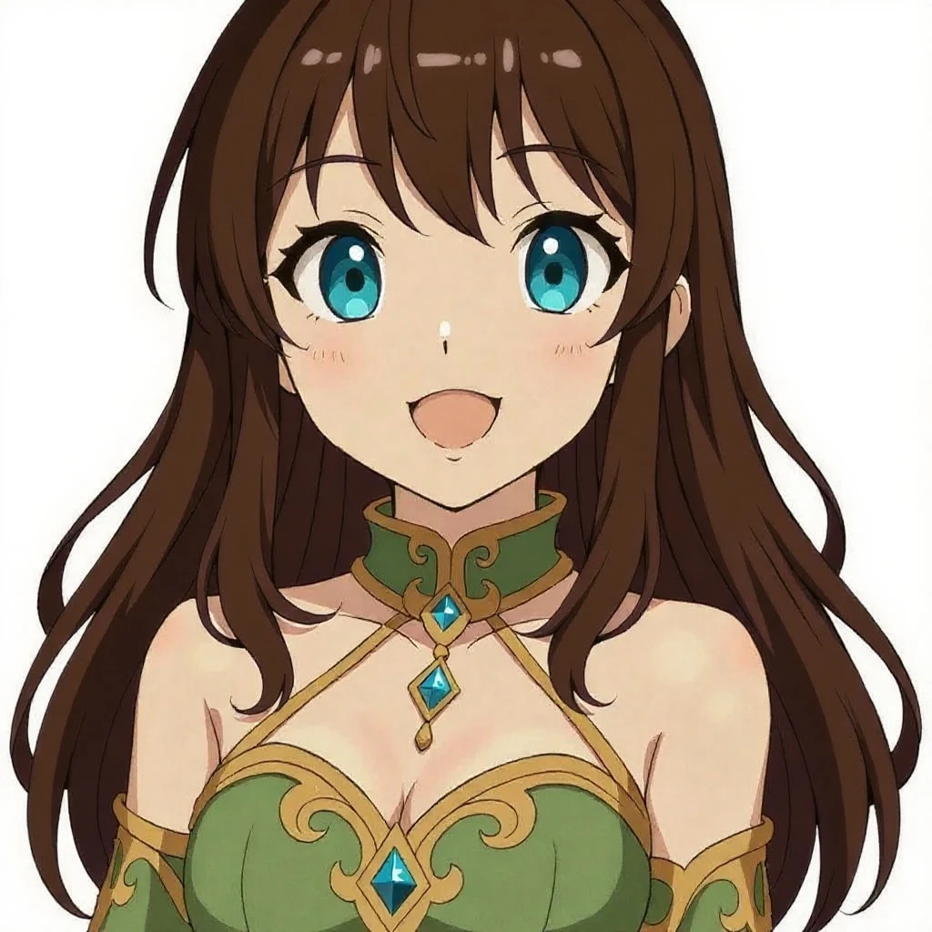 chibi emoji, anime girl, luscious reddish-brown hair styled in fishtail braids, ((sharp jawline)), ((big breast)), shiny blue eyes, clad in a revealing that accentuates her curves. Ensure her captivating sight exude a sultry gaze, paired with a seductive smile that promises mischief.