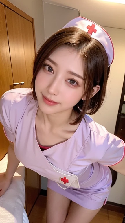 (1 Girl)、(Beautiful Japanese、18years old,round face、Refreshing、clear、seems kind、stylish、Pitiful、cute like an angel、cute、black eyes、,actress,Almond-shaped eyes), Good style , (Beautiful big breasts:1.2),(soft breasts),(very cute),(Black hair),(short bob hair),(enchanting eyes),(highlight on eyes:1.2)、(8K、Live shooting、highest quality、masterpiece:1.2、optimal lighting)、((masterpiece)),(Photo taken by a professional photographer),(real、photo real:1.4),break,{ (pink nurse costume),(((taraditional nurse uniform))),(pink nurse mini skirt),(( pantyhose)),(cleavage:0.7)},(Shy:1.4),(tears:1.4),(cheeks are red:1.2), break, break,Hospital,Face shot:1.3、Hospital corridor、Looking at viewer, face close-up,from below,on all fours