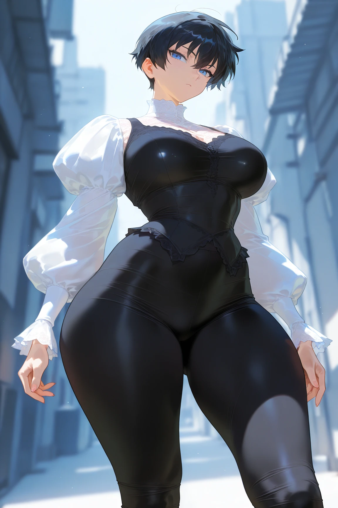 18-year-old female, an alluring body, huge breast and huge ass, bob black haircut, white-skinned, red eyes, wearing a plain black majestic chemise, standing in front of a medieval regal school front, cold expression on hes face, night time, wearing v lined 1 piece spandex.