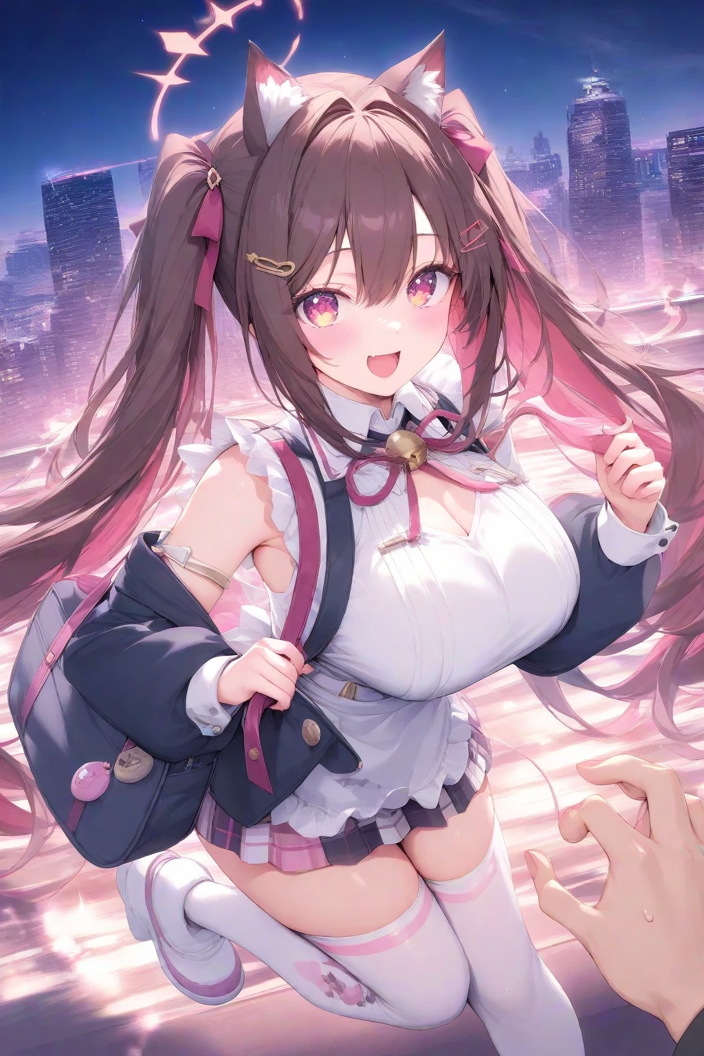 masterpiece, best quality, finely detailed, high resolution, 1girl, brown long hair, brown hair, heart on cheek, pink eyes, showing butt, fskinny waist, big hips, disgusted face, gross face, sexy, pink, (huge breasts), narrow waist, (huge thighs), pink vampire, pink hearts, huge thighs, neon colors bright sky, bent over, pink panties, kawaii, neon colors, Lacey clothes, bent over, holding panties