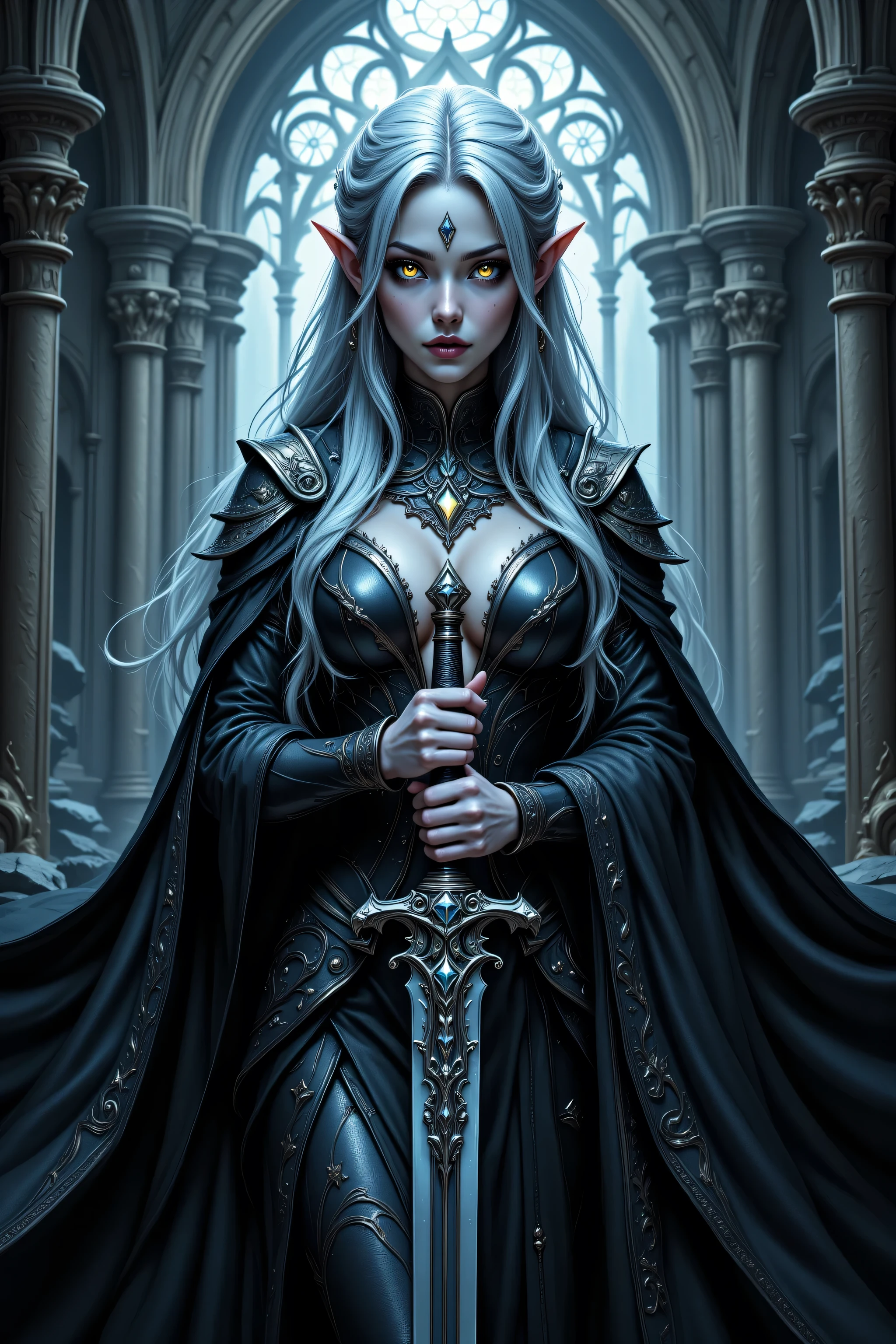 ((best quality)),((masterpiece)),(detailed),female Drow elf,black skin and white hair,(blue eyes:1.1),dark blue clothing with hood,RPG character,whimsical,visually rich,bits of color,slightly colored,rough sketch,art nouveau,ink lines,ink art by MSchiffer,highres,8k,intricate,<lora:more_details:1.6>