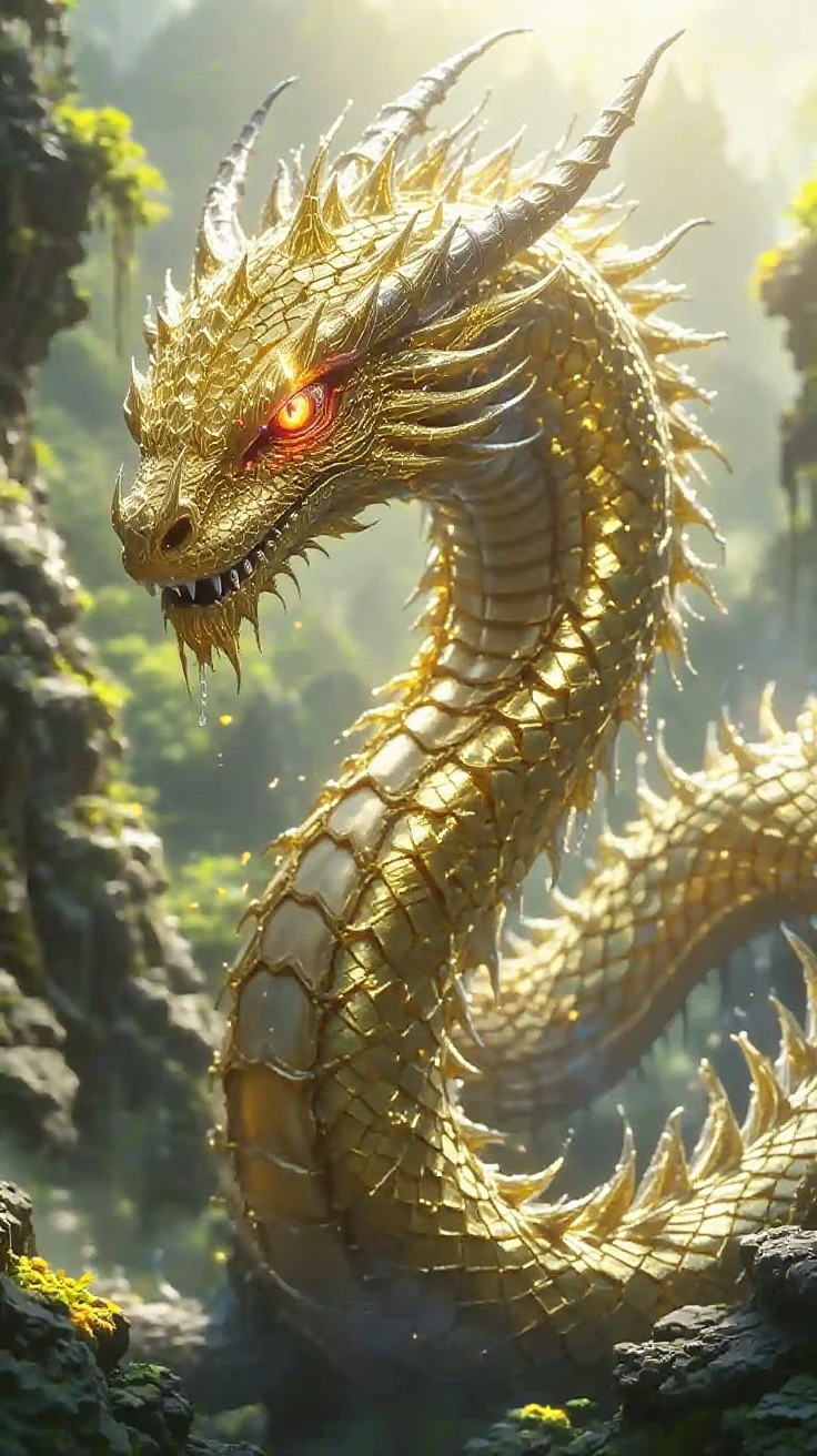 A golden hydra, many heads, fantasy style