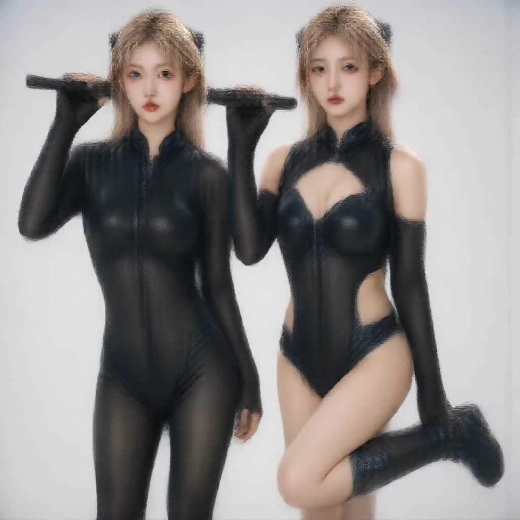 very curvy "curly blonde [Vietnamese girl]" + very curvy "red pixie-cut hair [Korean girl]", skimpy nude women, (nude), (french kissing) each other in the cyberpunk lounge, colorful LED lighting, smiling, collar, cinematic lighting, medium shot, mid-shot, highly detailed, highly detailed, high detail, thin transparent thigh-highs, small toned ass cheeks, beautiful ass, small ass, toned body, beautiful cute eyes, detailed pupils, bright sparkly eyes, symmetrical eyes, well defined eyes, bright blonde hair, jet black hair, detailed hair, big mouth, open mouth, detailed lips, thick red lips, perfect white teeth, gasping, (large breasts), 2 breasts, round breasts, proportional breasts, symmetrical breasts, perfect breasts, perfect nipples, very small nipples, brown areola, brown stoma, brown nipples, choker, proportional arms, 2 arms, detailed arms, detail calf, long proportional legs, detailed legs, sunny day lighting, small thighs, beach background, vibrant colors, hyper realistic, wide proportional hips, digital painting, high quality, best quality, thin transparent thigh-high socks, pantyhose suspender, pantyhose suspender strap on waist, open cup bra, beautiful earrings, stiletto shoes, small belly, pubic hair, in focus, wlop, stanley lau, artgerm, transparent clothes