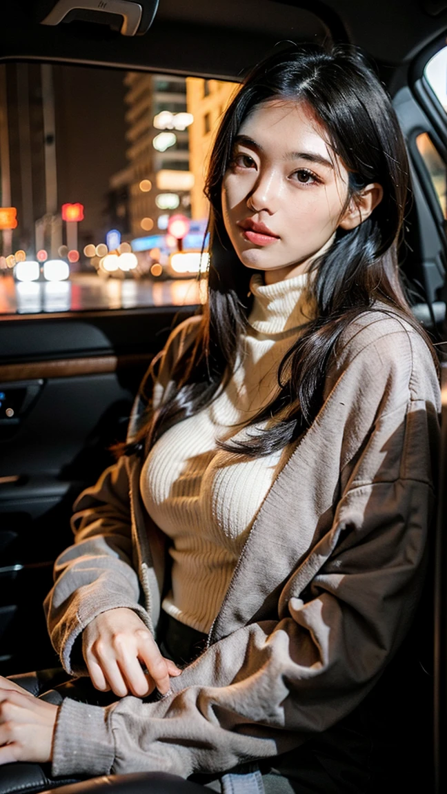 ((Realistic lighting, Best quality, 8K, Masterpiece: 1.3)), Clear focus: 1.2, 1girl, Perfect body beauty: 1.4, Slim abs: 1.1, ((dark brown hair)), (White dress: 1.4), (Outdoor, night: 1.1), City Street, Super Fine Face, Fine Eyes, Double Eyelids, (Over the knee black stockings: 1.5)