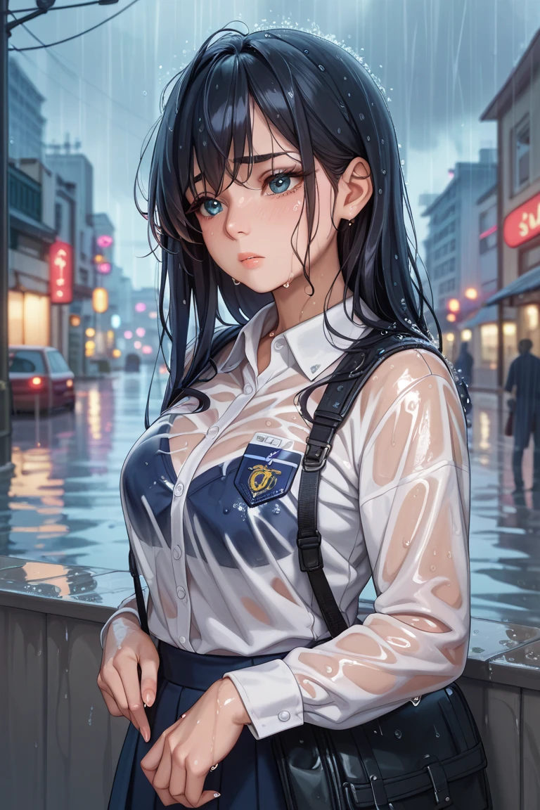 (amazing detail, amazing eyes, masterpiece, best quality:2.0, cinematic lighting:1.5, master quality), ((detailed deep purple eyes)), Purple eyes, 1girl, nighttime, outside, pavement, sidewalk, pouring rain, wet ground, naked except for her teal pyjama shirt, very short caramel-blonde hair, she is sitting on the ground with her bum on the wet floor while hugging her own legs for warmth, she is visibly depressed and pale with illness. The only source of light is the dull amber glow of a modern street light, her clothing sticks to her skin, and her pyjama shirt is made of linen or flannel material, dull non-reflective material, linen, short shirt, revealing shirt, almost naked, barefoot, thick teal pyjama shirt, Pyjama, linen, cotton, dull, 