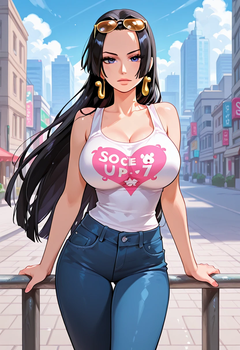 1990s, (masterpiece), high-definition, front view, detailed face, cute girl, perfect body, (big tits: 1.4) big hips, round ass, (black hair with dark purple highlights: 1.4), casual clothes, (happy face: 1.4), city street background, post apocalyptic, sunset