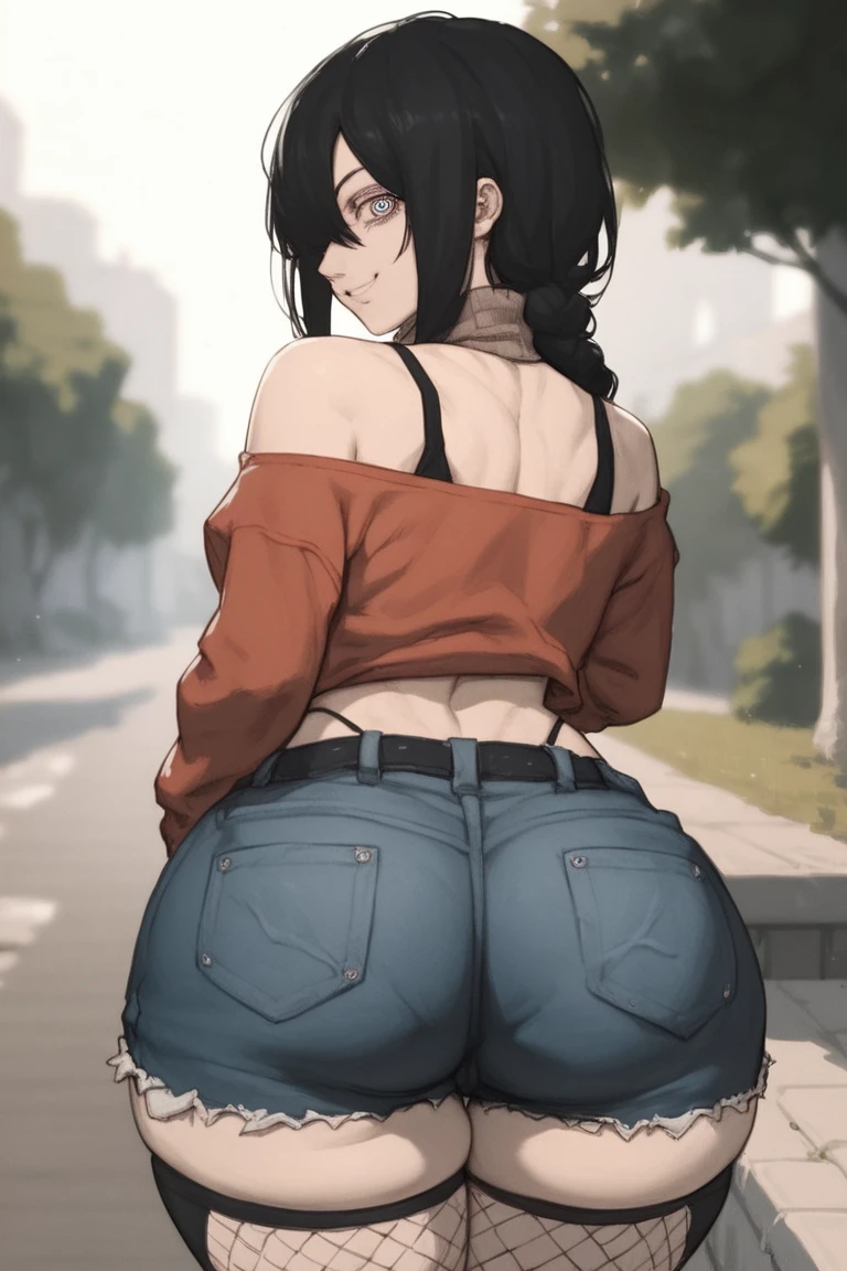 anime screencap, city, 1girl, solo, short hair, black hair, purple eyes, looking at the viewer, hair between eyes, lustful smirking smile blush, closed mouth, ass, camel's foot, wide hips, short top, short shorts, unbuttoned shorts, squatting, legs apart, erotica, back