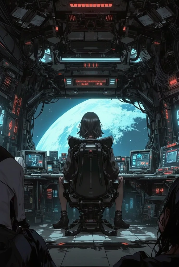 Super robot anime cockpit、A steering system that tracks people's movements、A cable is connected to the pilot's suit.、Japanese women、Anime-like pilot suit、Black Hair、Long Hair、Large monitor in front
