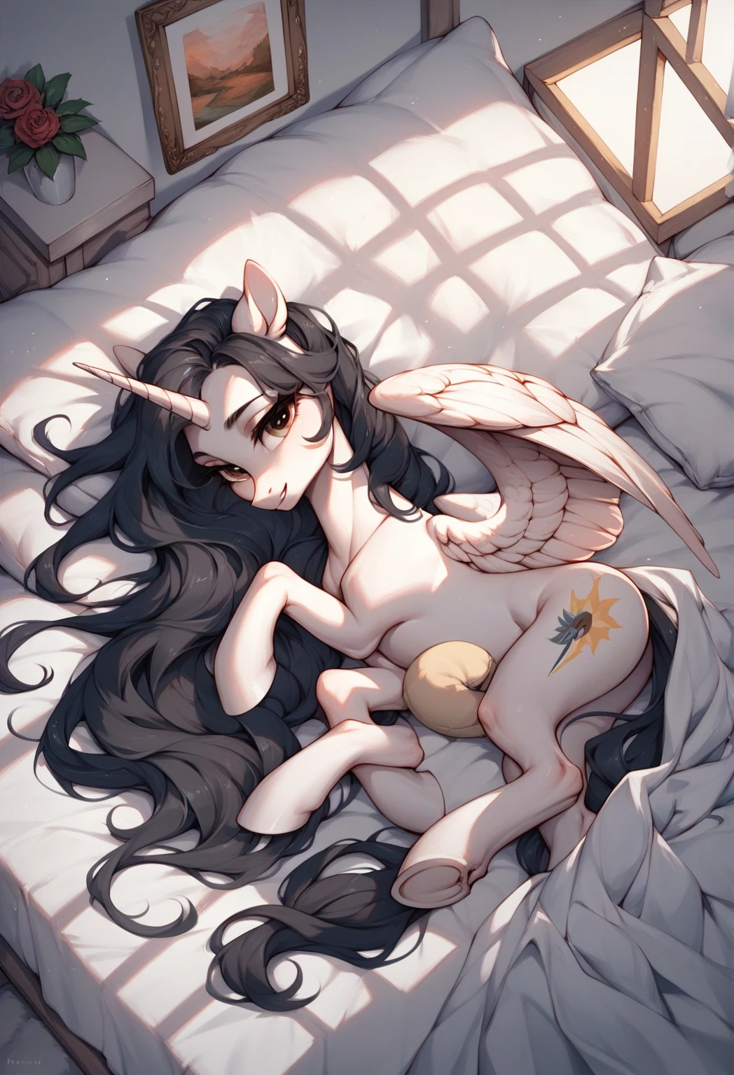albedo_overlord,black hair,fully naked,big breast,big thighs, blushing, laying on bed,empty background (black).