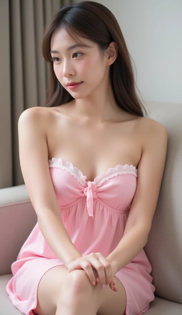 randome pose、Lying in bed、Light pink nightgown、a japanese girl、17 years old girl、small tits、perfect chest、flawless skin、perfect body type、小柄、Small butt、Bob Hair、A dark-haired、bangs whorl、an legs、colourfull、Pink Panties