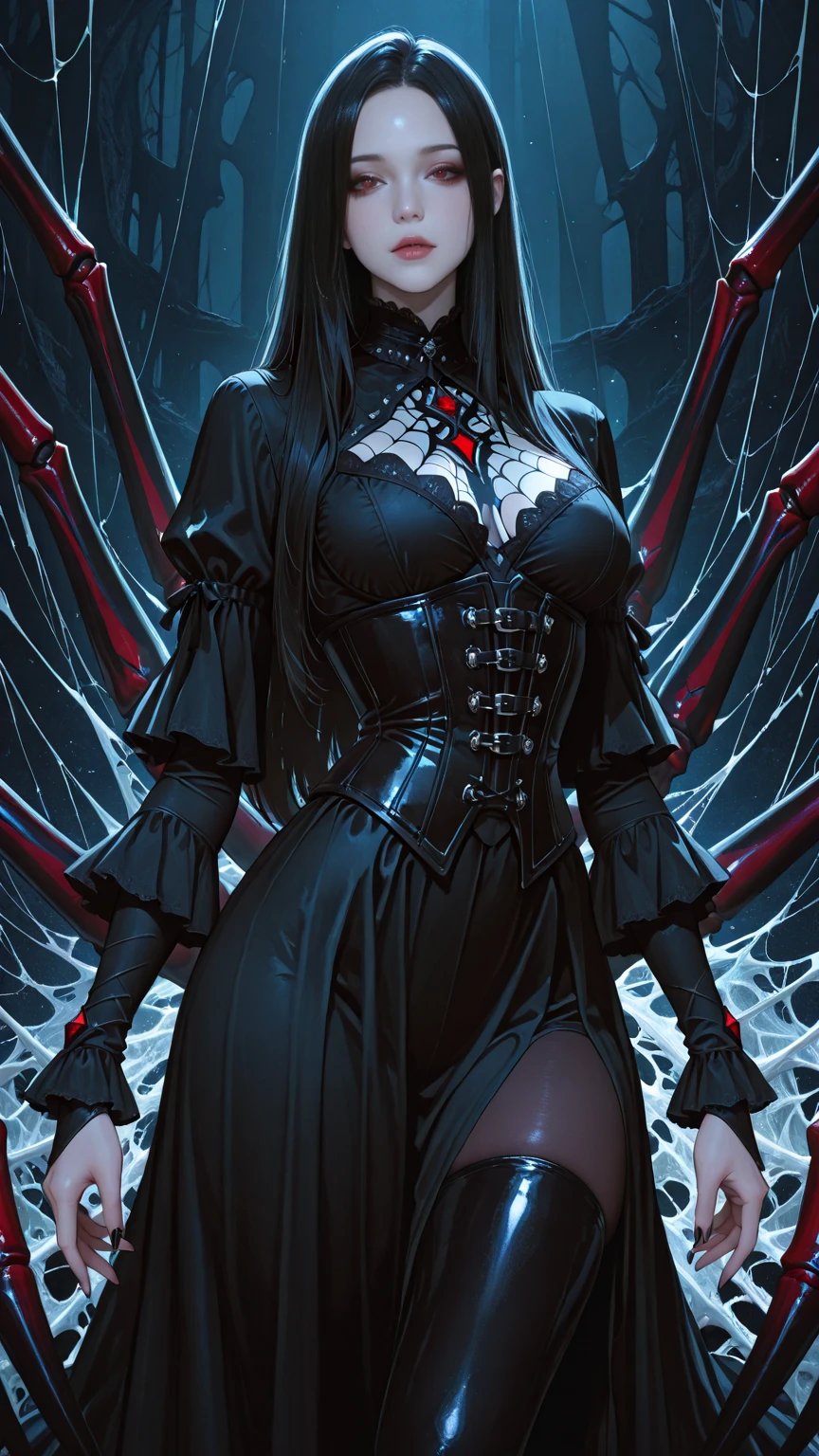 a gothic beauty with long dark hair and bangs no background but powder explosion full body front view