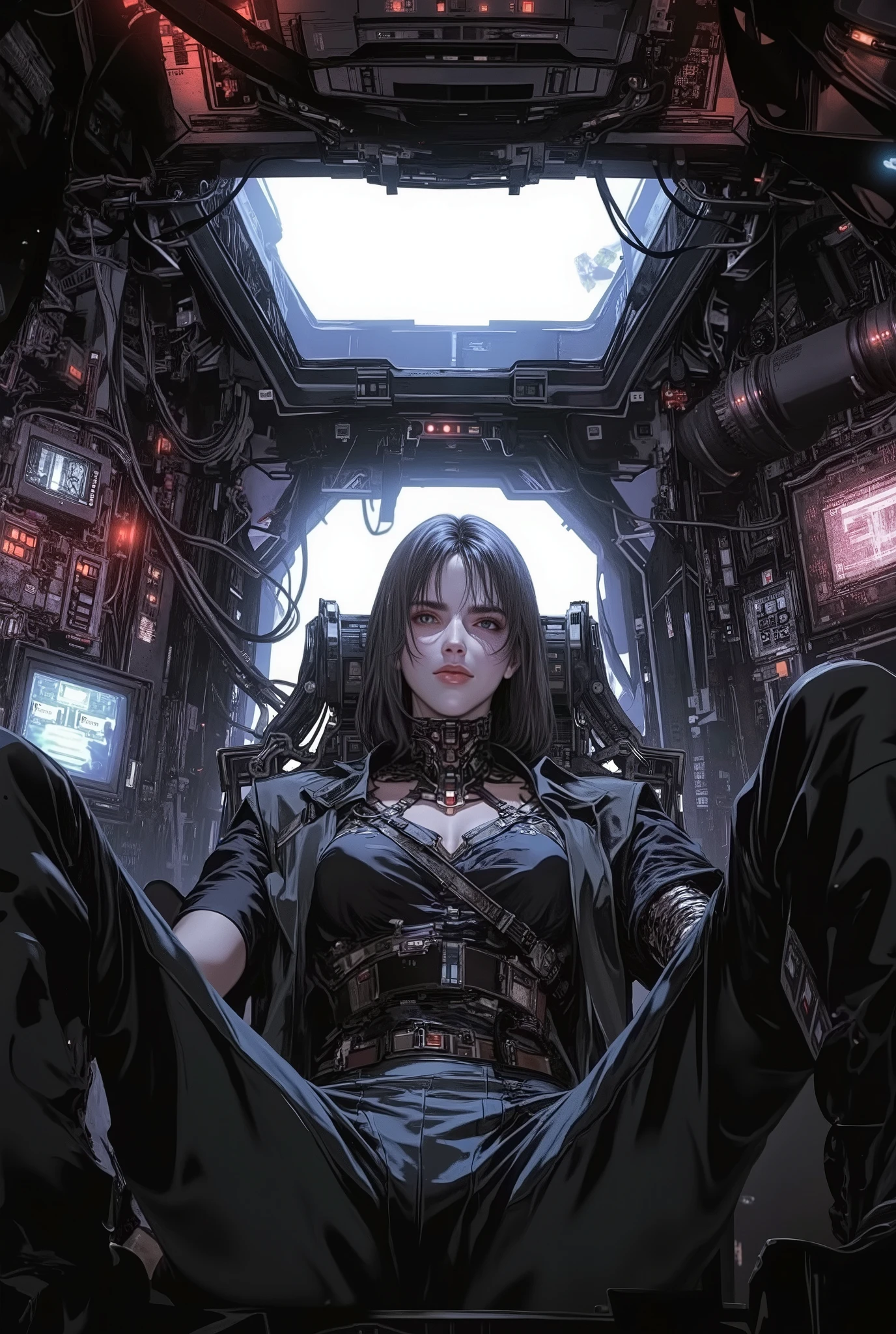 A high-quality masterpiece, stylized as a 90s anime with cel shading and no gradients. The interior of a small, rustic spaceship cockpit from a dystopian cyberpunk future (circa 2070). The cabin is cramped, with exposed wires, matte black panels, and old steampunk-style monitors with physical buttons and flashing lights. A large pilot's chair, raised off the floor by a hydraulic mechanism, is visible from behind. The woman has medium-length brown hair and skin-colored bionic arms. The focal point is a large, horizontally wide, rectangular front windshield, shaped like a flattened rectangle, and curved. The chair is large and tilted backward, similar to the canopy of an F-22 fighter jet. It extends the entire width of the cockpit, allowing a partial view of deep space ahead. The cabin is illuminated by dim red and blue lights, adding an atmosphere of cosmic horror and dark fantasy. Design influences: Ghost in the Shell, Xenocyber aesthetic, rusty and grimy interiors like those in Guardians of the Galaxy. High level of detail. Cinematic scene stylized as if it were a frame from a 90s anime, solid colors, three-tone cel shading. High resolution (32k visuals).