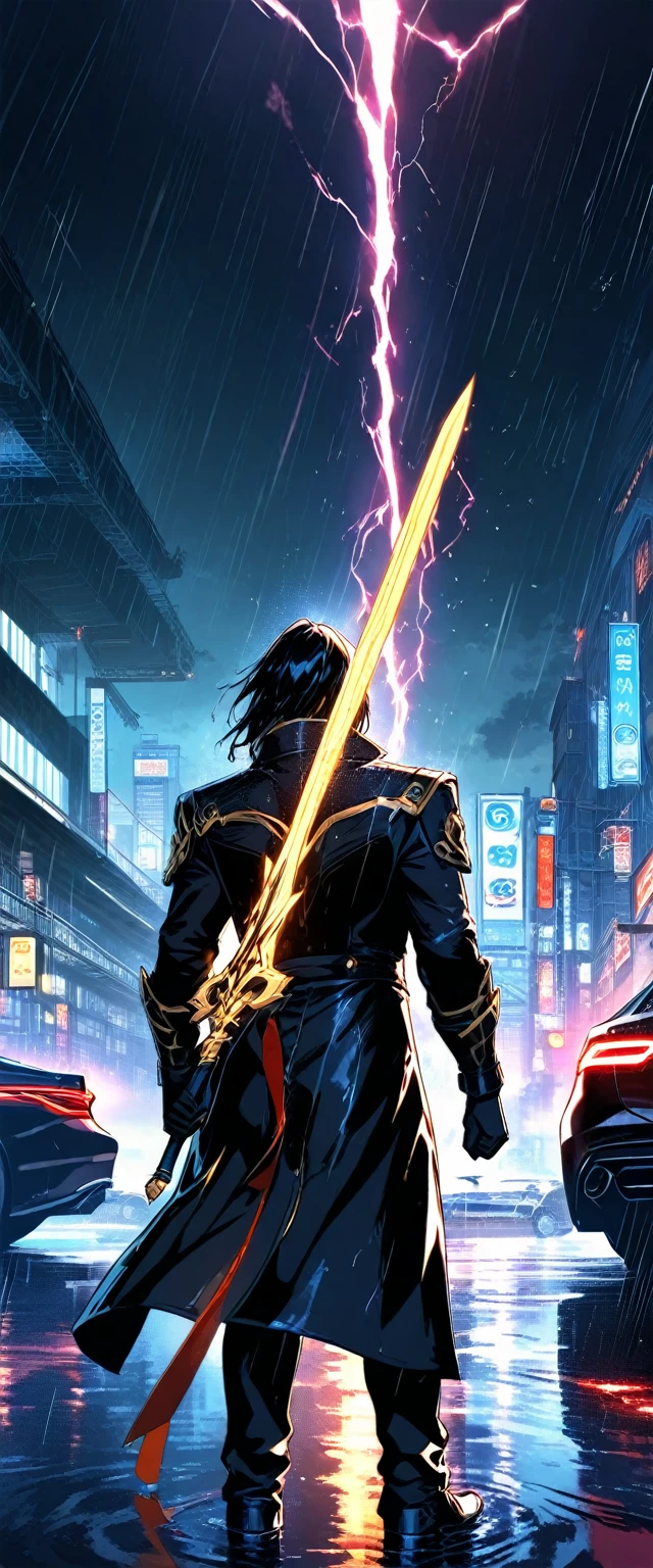 A young man with deep blue long hair, cold and resolute eyes, a slender face, handsome features, stands tall in front of a decrepit ancient city under the night sky, exudes a dignified demeanor, he wears a two-piece Western-Eastern hybrid black suit coat, matching black trousers, in each hand he holds a curved longsword emitting a faint, hazy blue glow that illuminates the surroundings, this character embodies a finely crafted fantasy-style swordsman design in anime style, characterized by a sophisticated and mature manga illustration art style, high definition, best quality, highres, ultra-detailed, ultra-fine painting, extremely delicate, professional, anatomically correct, symmetrical face, extremely detailed eyes and face, high quality eyes, creativity, RAW photo, UHD, 8k, Natural light, cinematic lighting, masterpiece:1.5