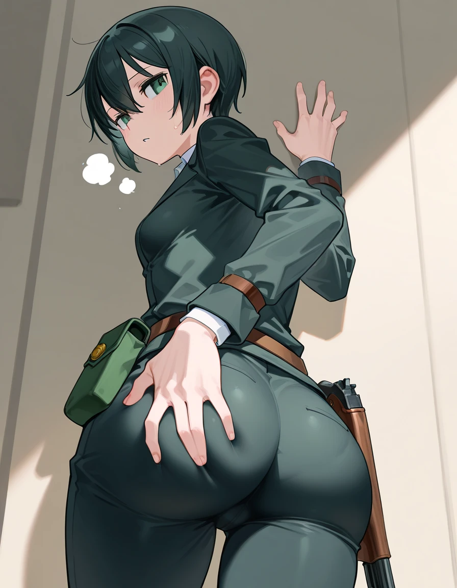 1girls, tan skin, tan, tan-skinned female, from behind, ass, ass focus, thong, panties, jacket, smile, smirk, smug, breasts, huge ass, ((huge ass)), thick thighs, mature female, milf, hourglass figure, black hair, very short hair, yellow eyes, forest, black jacket, ((black jacket)), hooded jacket, military hat, cap, gloves, highleg, spiked hair, ((highleg)), military jacket, bare legs, tomboy, ((walking)l, walking, walking away, ((walking away))