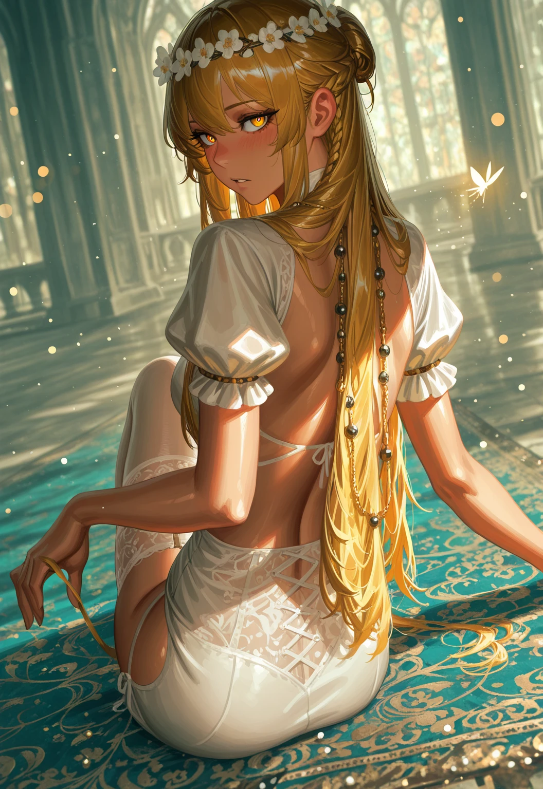 score_9, score_8_up, score_7_up, 1r1d3sc3nc3, 1girl, elf, smile, blonde hair, blue eyes, wet, blushing, short hair, bareback, halter dress, white dress, yellow flowers, head tilt, back view, ambience feel, river side
