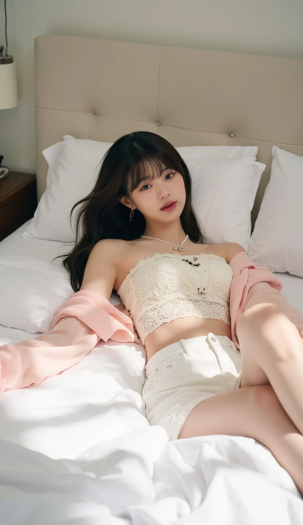 best qualtiy,tmasterpiece,超高分辨率,(realisticlying:1.4),1girll,Lying alone on a white bed,With a light smile,Wear a floral bra on a white background,White panties with floral pattern on white background,Wear white socks,light white background