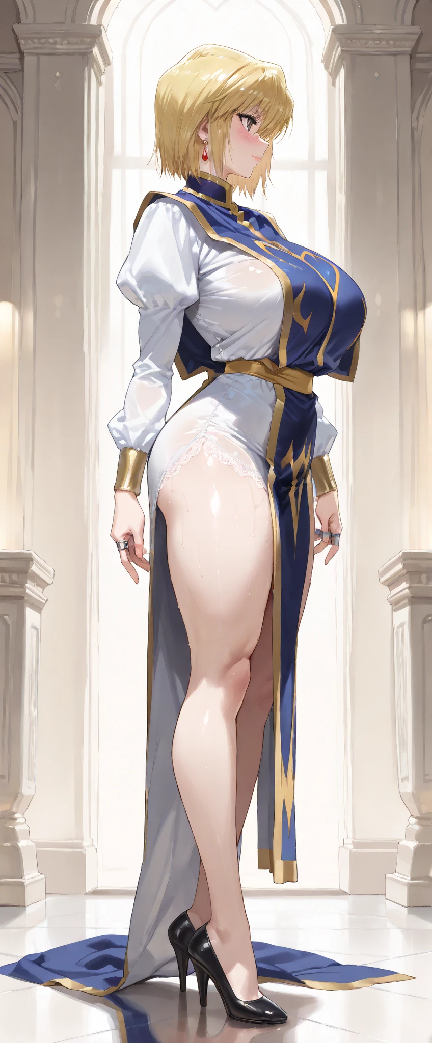 Giantess wearing a black dress, gold chain belt, with a thin waist, her belly button is exposed, thin waist, she is dressed as a belly dancer, exposed waist, thin-waist, tiny waist, slender waist, athletic body, gts city, city buildings, smoke, clouds, evil, realistic lighting, high heels, from below,