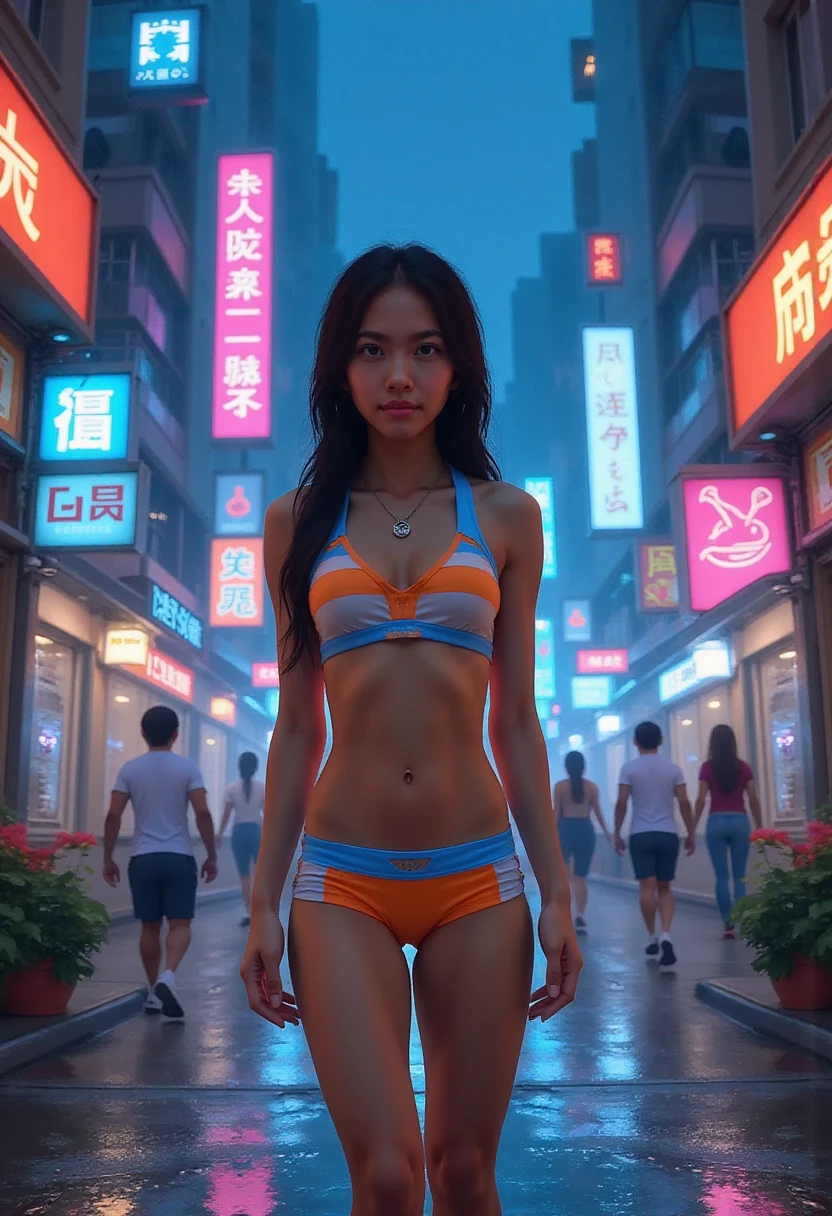 Sexy purple thong panties、Skimpy bra、Japanese women、Long black hair、Walking through the city at night
