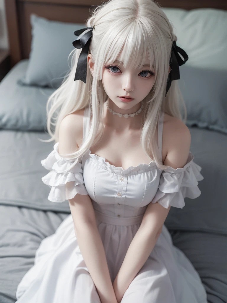 The white-haired loli was half-kneeling on the bed,Tie a dog leash around her neck
