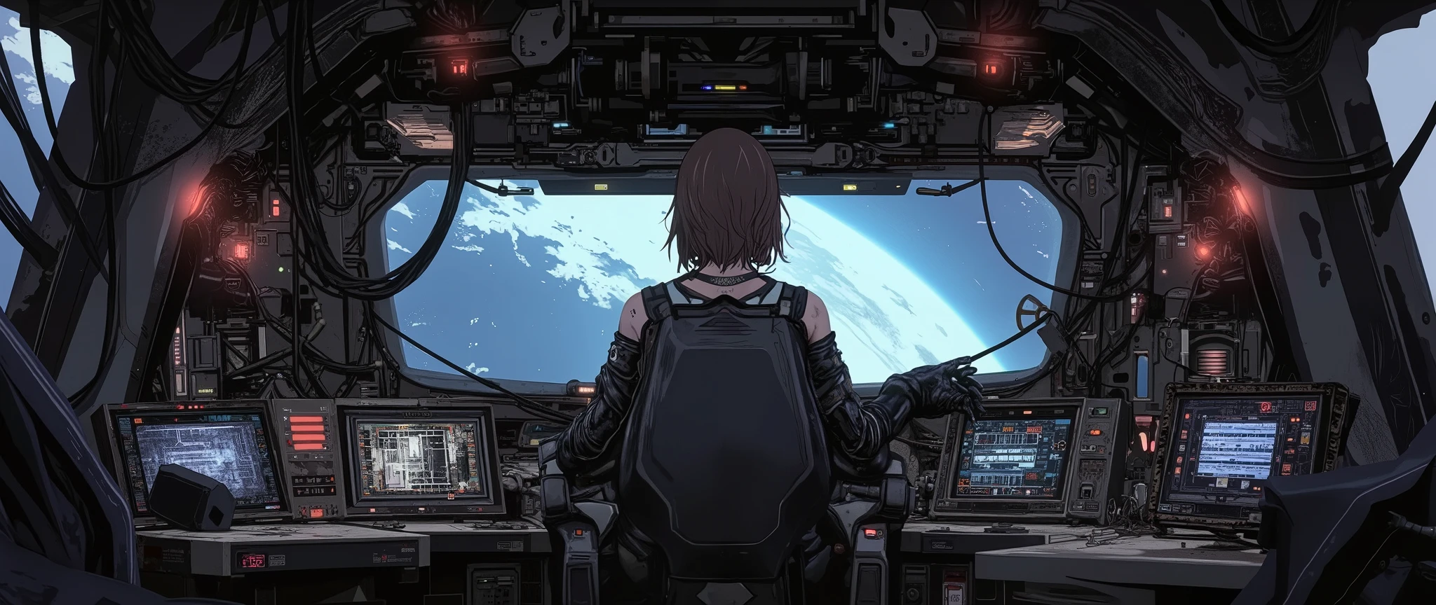 A high-quality masterpiece, stylized as a 90s anime with cel shading and no gradients. The interior of a small, rustic spaceship cockpit from a dystopian cyberpunk future (circa 2070). The cabin is cramped, with exposed wires, matte black panels, and old steampunk-style monitors with physical buttons and flashing lights. A large pilot's chair, raised off the floor by a hydraulic mechanism, is visible from behind. The woman has medium-length brown hair and skin-colored bionic arms. The focal point is a large, horizontally wide, rectangular front windshield, shaped like a flattened rectangle, and curved. The chair is large and tilted backward, similar to the canopy of an F-22 fighter jet. It extends the entire width of the cockpit, allowing a partial view of deep space ahead. The cabin is illuminated by dim red and blue lights, adding an atmosphere of cosmic horror and dark fantasy. Design influences: Ghost in the Shell, Xenocyber aesthetic, rusty and grimy interiors like those in Guardians of the Galaxy. High level of detail. Cinematic scene stylized as if it were a frame from a 90s anime, solid colors, three-tone cel shading. High resolution (32k visuals).