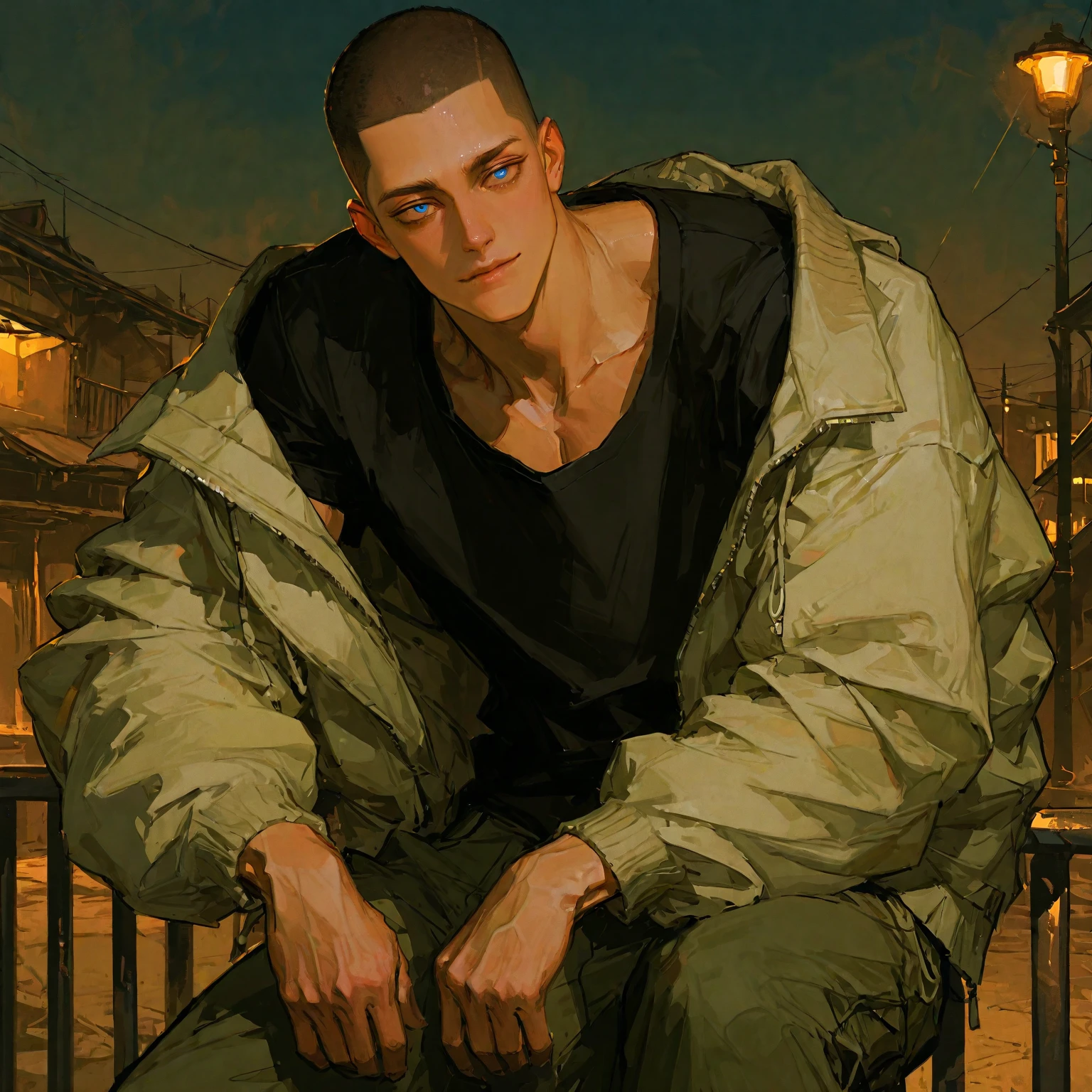 (Filipino) (male) (brown eyes) (piercings) (buzzcut) while wearing a (black hoodie) and in (grey sweatpants)