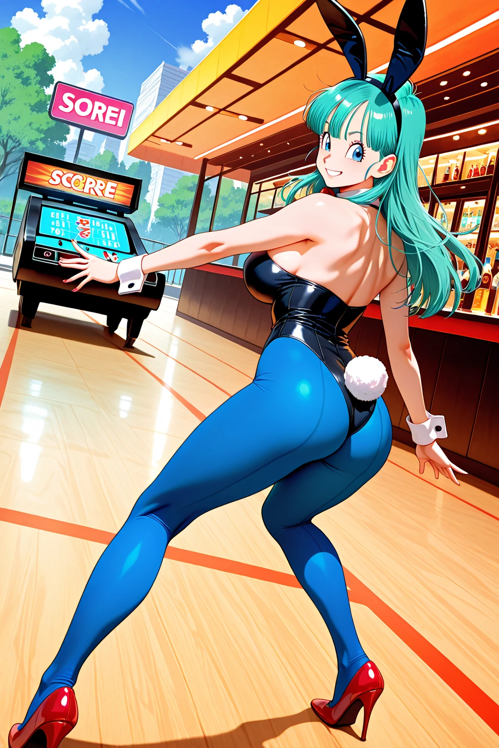 arcade, arcade cabinet, blue hair, wide hips, large breasts, green eyes, smile, space, spacesuit, facing viewer, <lora:Arcade V1:0.6>