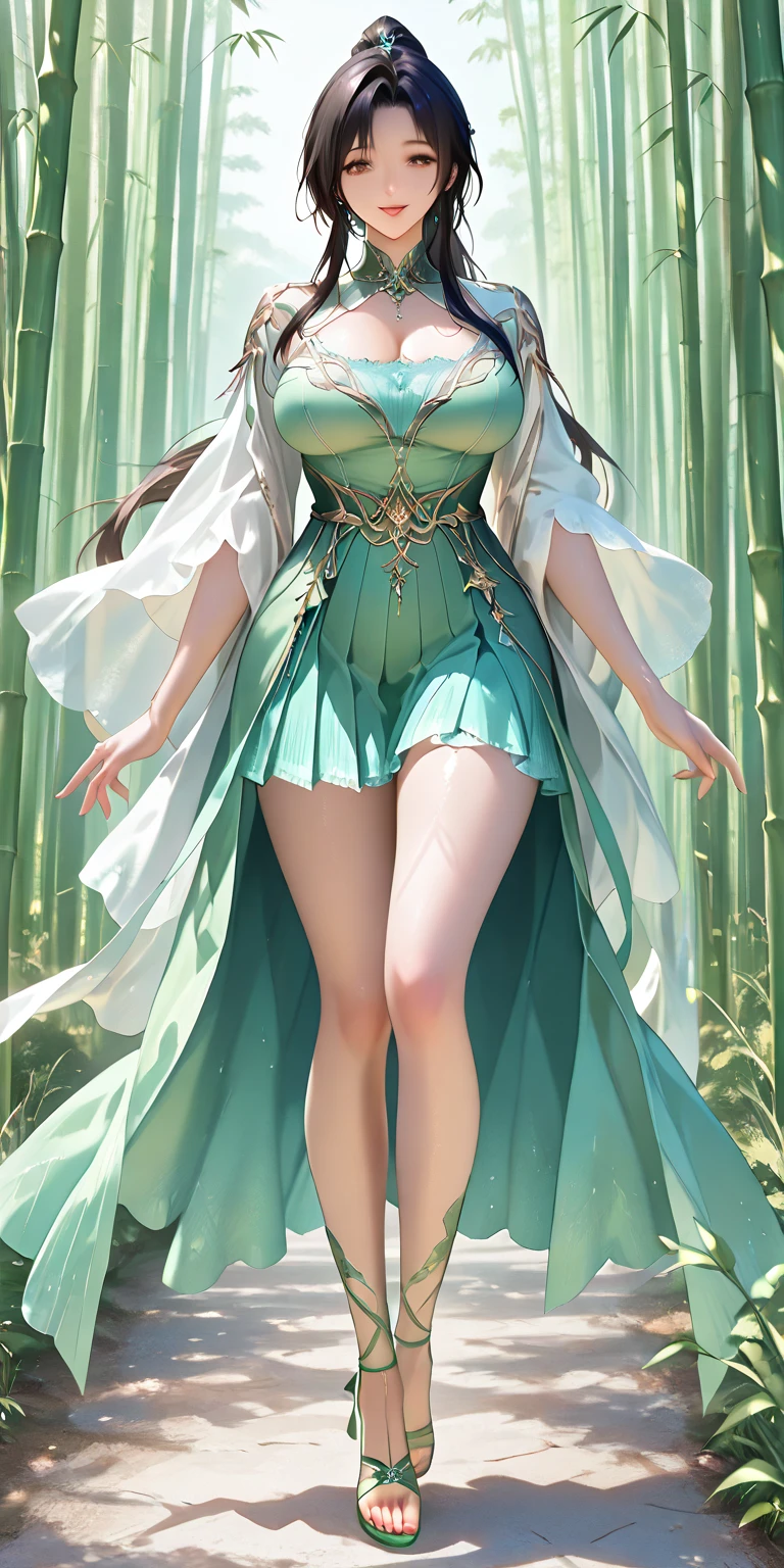 "Create a digital anime style illustration of a beautiful forest goddess。, Short White Hair. She should wear a detailed full-body white dress decorated with leaf and floral patterns., Perfect for a fantasy theme. The dress design should avoid exposing too much skin.., Cover with additional fabrics and natural elements such as leaves and vines. Characters should have an elegant and mature appearance, like fairies., Look around 2, A calm look with expressive eyes. There is a rich background, A mysterious forest woven with soft light and shining plants, Enhance the mystical atmosphere."