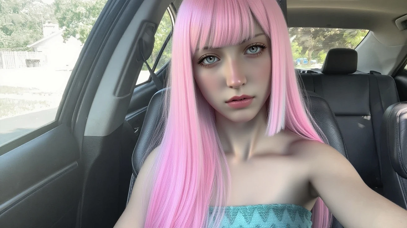 , Ukraine. 12 years old. beautiful, detailed face, detailed eyes, charming look. long hair, pink hair, incredibly detailed. Full body portrait, cute breasts. standing nipples. cute ass. 8k, marked vagina. posing naked. open losses. Sitting in the car seat