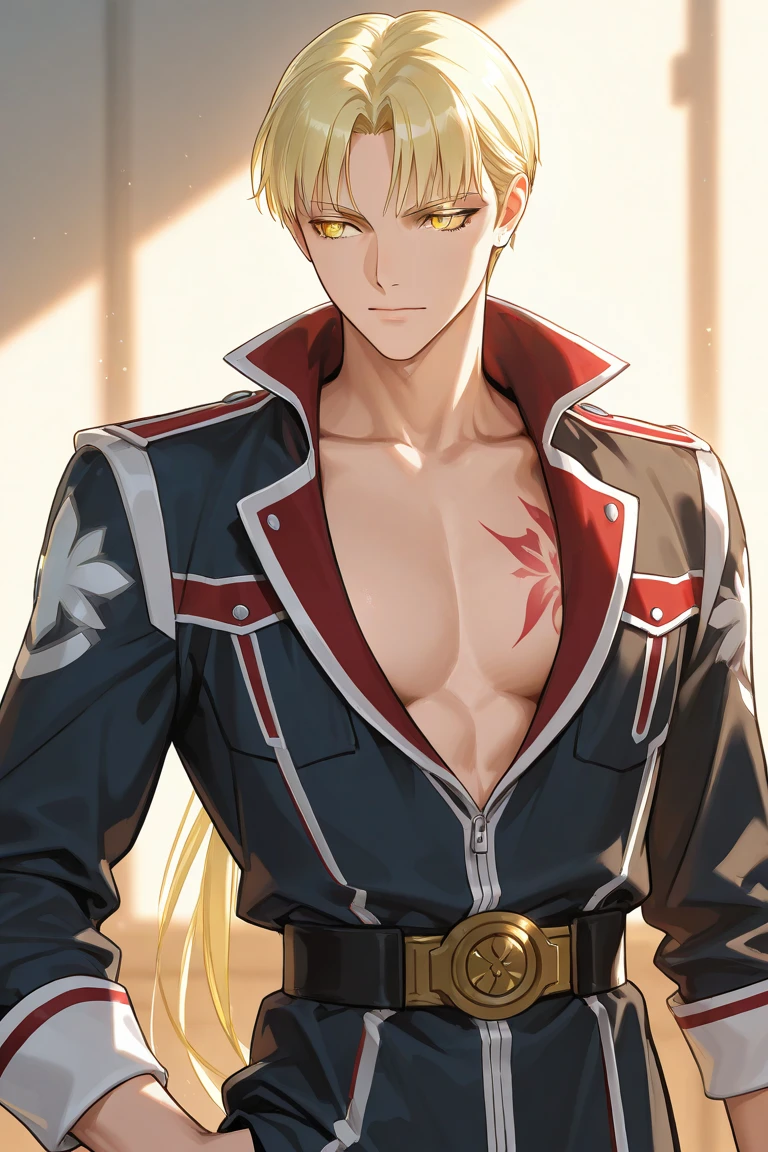 In the Tokyo Revengers genre, meet your original character (OC), Kazuki. He's a striking young man with an imposing presence, standing tall with a muscular physique. His hair is a unique blend of blonde and black, meticulously combed into two long braids that cascade down his back. The blonde hue extends to his eyebrows, adding a distinctive touch to his piercing violet eyes.
Kazuki bears a tattoo on the left side of his back, a mark of his history and allegiance. The other tattoo, subtly visible on his left chest, adds to his intriguing allure. His left ear is adorned with a long, elegant