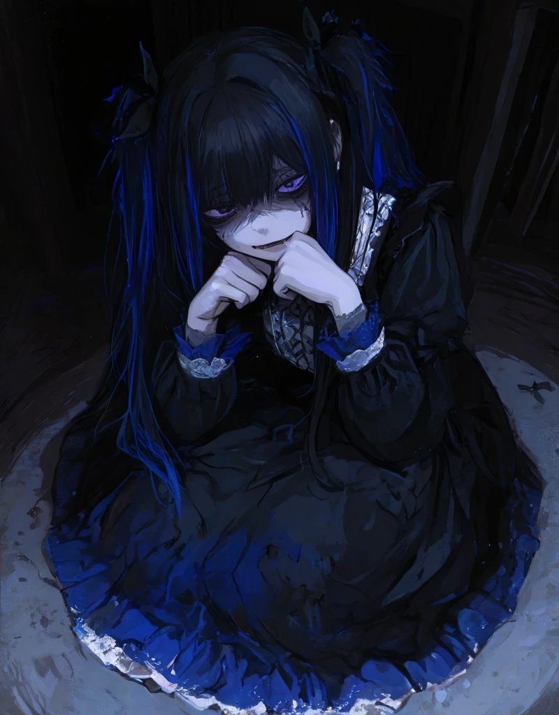  better quality, masterpiece, 748 cm style, 1 girl, portrait of a Victorian gothic horror character, full body: fragile young woman (early 20s)  with a long ,  unkempt  **midnight blue hair (almost black with subtle blue highlights)**, erratic waves to the waist, partially covering her face. **eyes: большой, , hollow pale blue** x} with heavy dark circles and a vacant, despair in facial expression. **porcelain-pale obsessive face**, thin lips,  small nose. ** slim,  Hunched pose ** , transmitting vulnerability.  wears a gothic dress, has two long pigtails