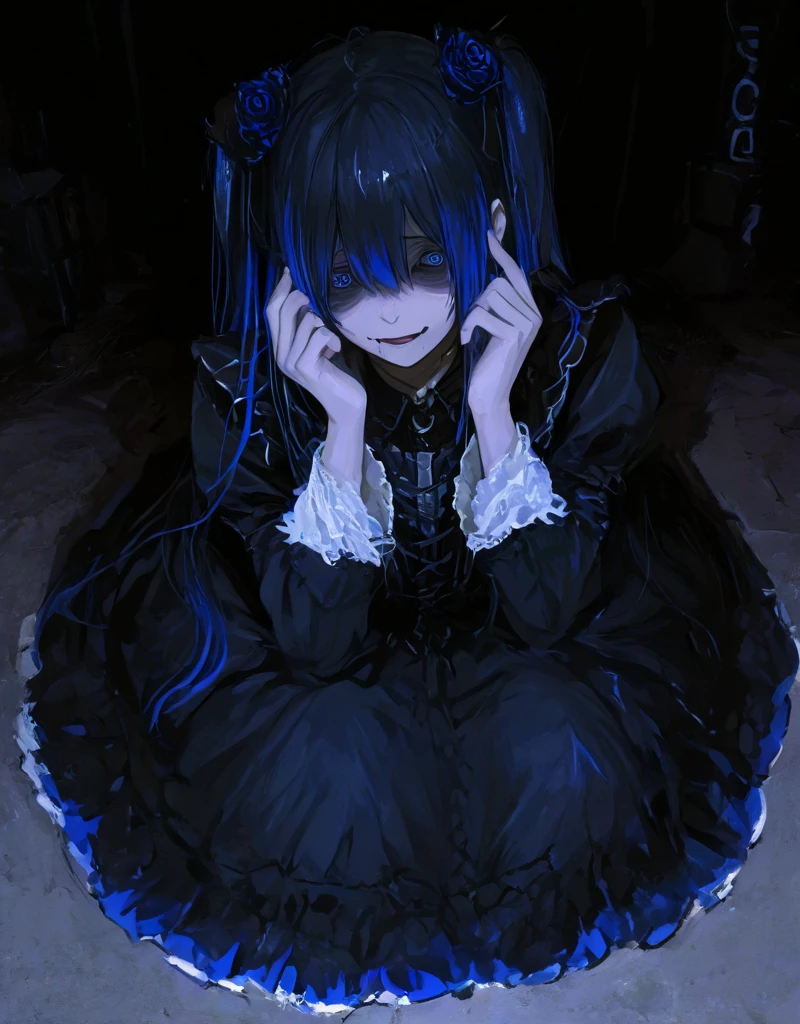  better quality, masterpiece, 748 cm style, 1 girl, portrait of a Victorian gothic horror character, full body: fragile young woman (early 20s)  with a long ,  unkempt  **midnight blue hair (almost black with subtle blue highlights)**, erratic waves to the waist, partially covering her face. **eyes: большой, , hollow pale blue** x} with heavy dark circles and a vacant, despair in facial expression. **porcelain-pale obsessive face**, thin lips,  small nose. ** slim,  Hunched pose ** , transmitting vulnerability.  wears a gothic dress, has two long pigtails