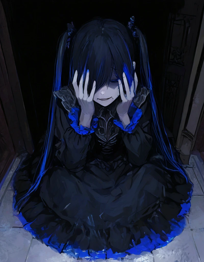  better quality, masterpiece, 748 cm style, 1 girl, portrait of a Victorian gothic horror character, full body: fragile young woman (early 20s)  with a long ,  unkempt  **midnight blue hair (almost black with subtle blue highlights)**, erratic waves to the waist, partially covering her face. **eyes: большой, , hollow pale blue** x} with heavy dark circles and a vacant, despair in facial expression. **porcelain-pale obsessive face**, thin lips,  small nose. ** slim,  Hunched pose ** , transmitting vulnerability.  wears a gothic dress, has two long pigtails