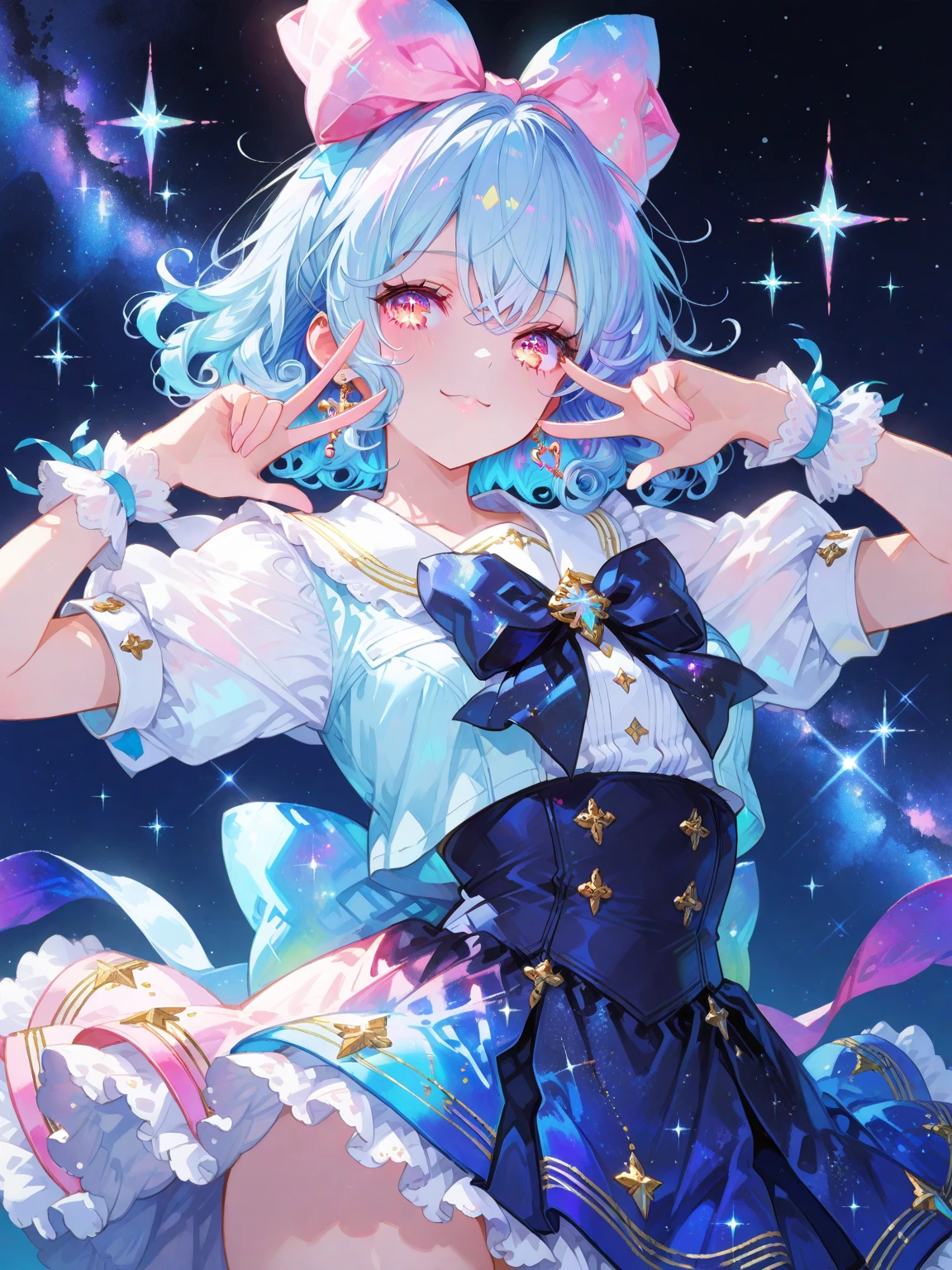 Menina de cabelo azul com branco , estrela(heaven) estrelado_heaven, lunar themed attire, night core, splash arte anime loli, knights of zodiac girl, Do videogame Azur Lane, arte oficial, Estilo Pixiv, goddess of galaxies, portrait knights of zodiac girl, estrelas brilhando, anime moe artstyle, Vencedor do concurso Pixiv