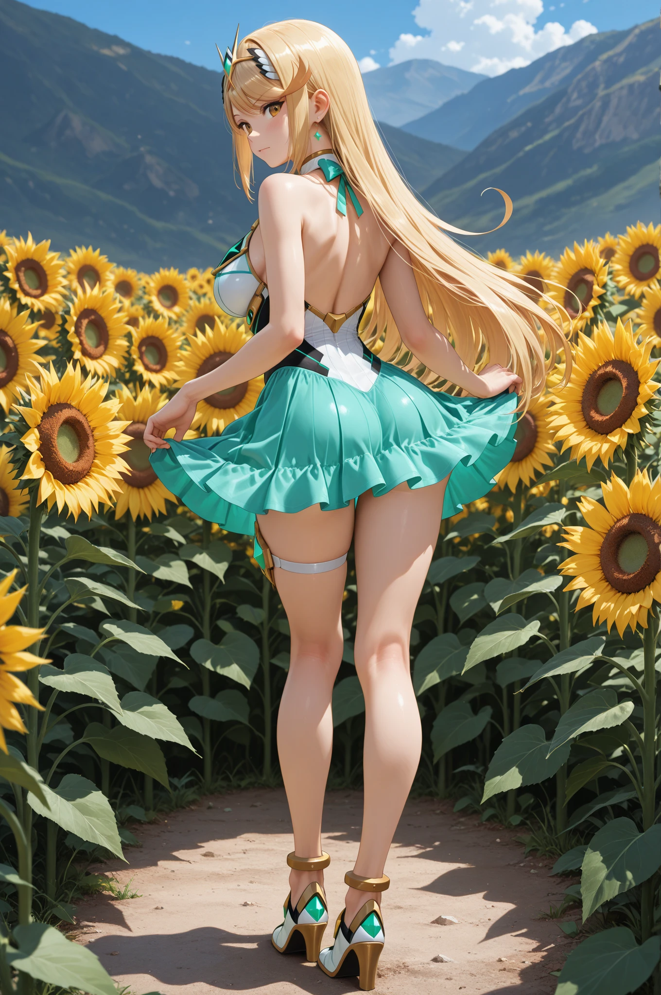 Cockbanny Girl Hair Band)))、(((twintails hairstyle)))、(((Hair that flutters in the wind)))、Photorealsitic、超A high resolution、Convoluted、ultra-detailliert、(dent in the skin)、Cute、Feminine、Detailed body、Medium chest、(A detailed face: 1.1)、(Outline of the iris)、(Hydrocore Lens)、(perfect eyes)、8K、16 K、realisitic、Beautiful fece、(masterpiece: 1.2)、(top-quality:1.2)、wide-hips、slenderbody、Black theme、Optimal ratio of 4 fingers to 1 thumb、actionpose、((Enamel Knee High Boots))、((Enamel Long Gloves)) 、(((maikurobikini)))、(((Bunny girl collar and black bow tie)))、(((Accurately depict limbs))))、NSFW、(((Large sunflower field at sunset)))、(((back lighting)))、2guys