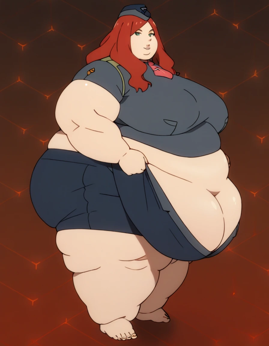 Double chin:1.1(Morbidly obese anatomy:1.1)anime woman, milf, large breasts, red hair, tight leggings white shirt cleavage seductive face