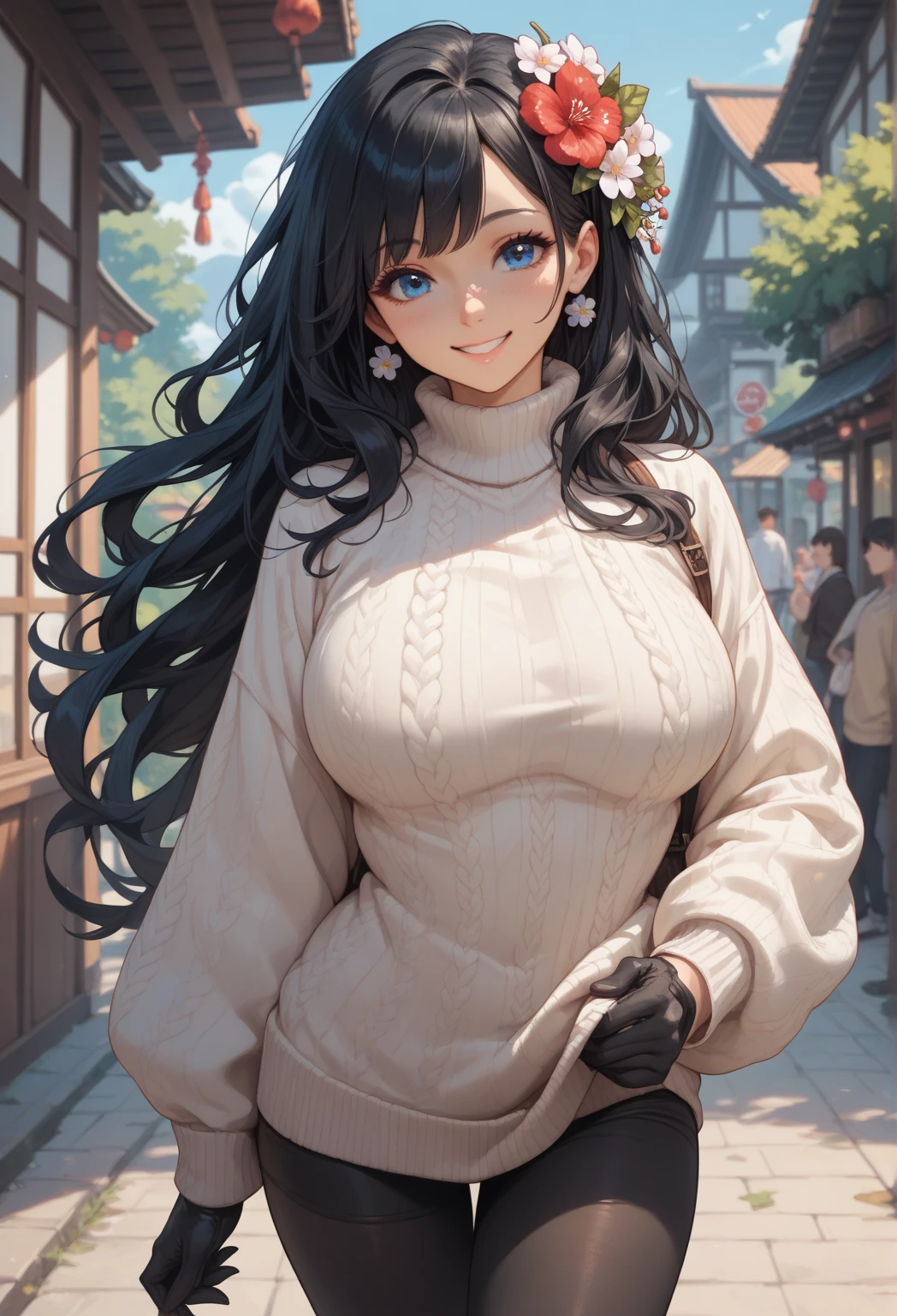 Anime girl with long black hair and a hat on a sidewalk - SeaArt AI