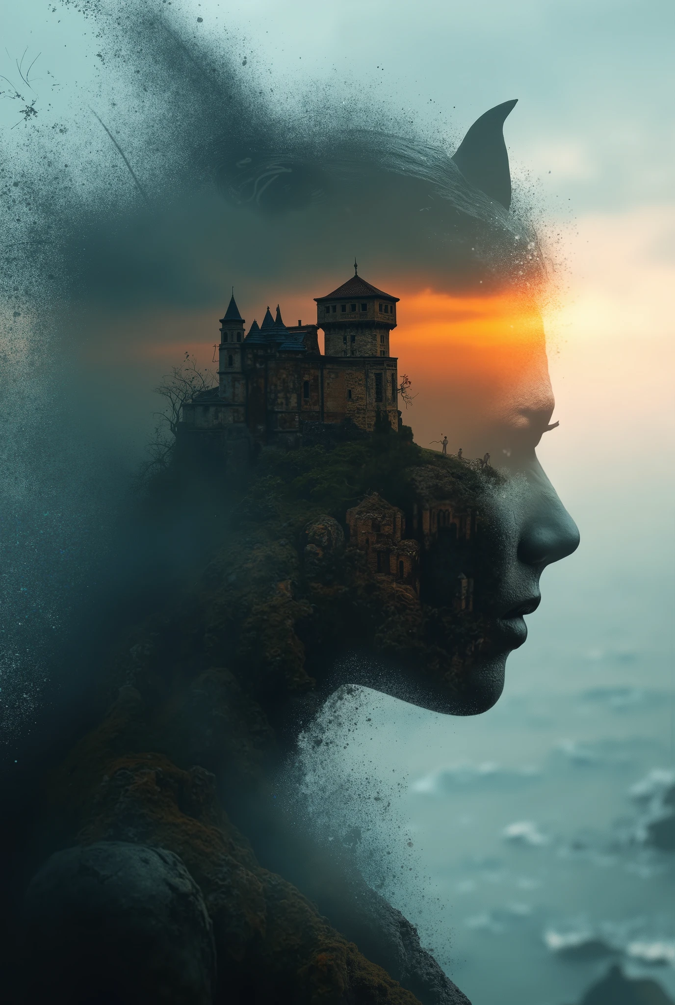 high quality, 8K ultra HD, Una hermosa double exposure que combina una silueta de LA LLAMADA DEL DIABLO con UN CASTILLO GOTICO al atardecer, the coast at dusk should serve as a backdrop, with its details incorporated in THE DEMON, sharp lines, The background is monochrome, sharp focus, double exposure, by ART DARK, awesome full color